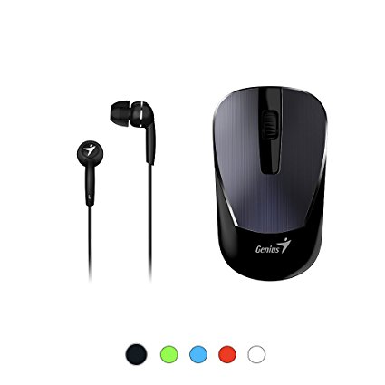 Genius Mobile Package MH-7018 [Classic] - Wireless Smart Mouse and In-ear Headset Combo for Mobility Users, Stylish Brushed Metal Look, No Pairing, Plug & Play on Laptops, & Mobile Devices - Black