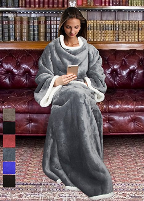 Sherpa Blanket with Sleeves for Women and Men, Super Soft Mink Fleece Wearable Adult Comfy Throw Robe TV Blanket 72" x 55" | Catalonia series by Terrania | Grey