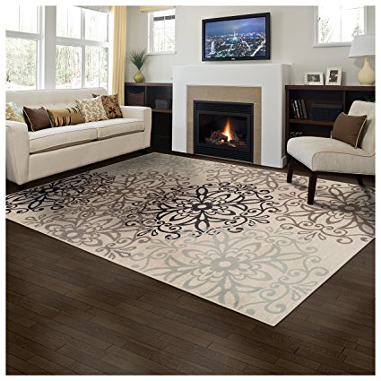 Superior Elegant Leigh Collection Area Rug, 8mm Pile Height with Jute Backing, Chic Contemporary Floral Medallion Pattern, Anti-Static, Water-Repellent Rugs - Beige, 2' x 3' Rug