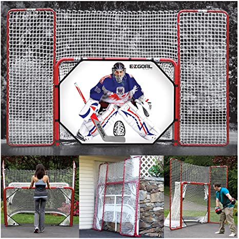 EZGoal 4' x 6' Hockey Folding Steel 2" Goal with 10' x 6' Backstop, 4 Targets Nets, a New Shooter Tutor