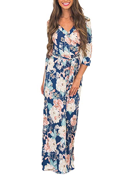 Dokotoo Womens Summer Floral Print Faux Wrap Maxi Long Dresses with Belt