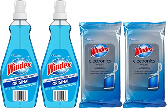 Windex 12 oz Glass and Window Cleaner (2 Pack) and 25 Count Electronics Screen Wipes (2 Pack, 50 Total Wipes)