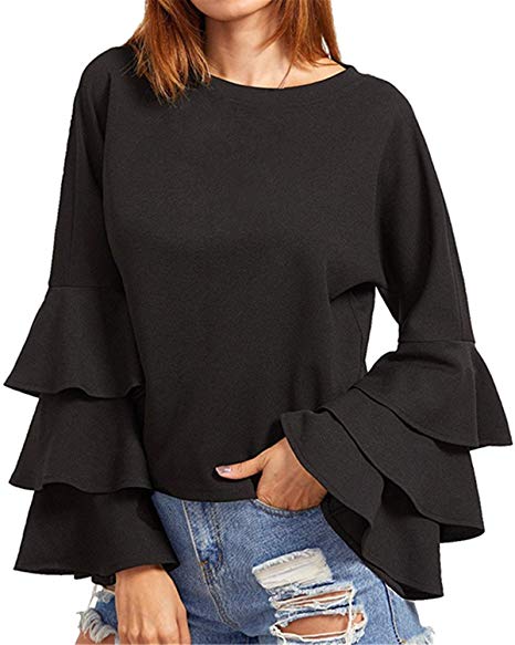 ZANZEA Womens Bell Sleeve Tops Blouses Ruffle Long Sleeve Polka Dot Round Neck Shirt