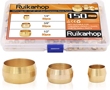 150PCS Tube OD（1/4" 3/8" 1/2") Brass Compression Sleeves Ferrules,Brass Compression Fitting Assortment Kit