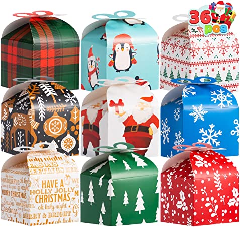 JOYIN 36 PCS Christmas Goody Gift Boxes with Bow, Folding Candy Box, Paper Treat Cookie Boxes for Christmas Xmas Holiday Wedding Decoration, Kids' School Classrooms Party Favors