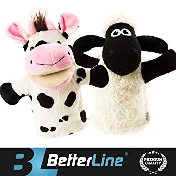 BETTERLINE Animal Hand Puppets Set Of 2 by Premium Quality, 9.5 Inches Soft Plush Hand Puppets For Kids- Perfect For Storytelling, Teaching, Preschool, Role-Play Toy Puppets (Cow and Sheep)