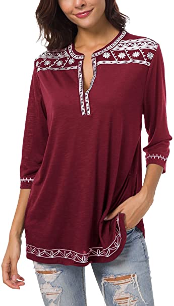 Women's 3/4 Sleeve Boho Shirts Embroidered Peasant Top