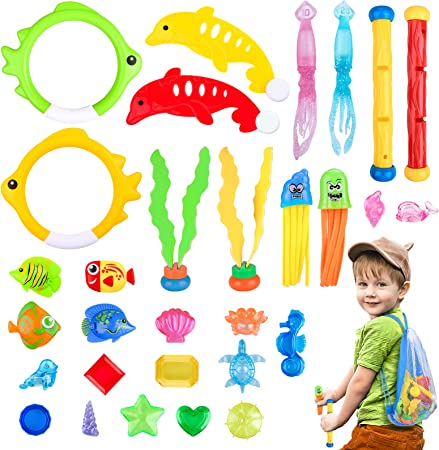 ARANEE 32PCS Diving Toys Swimming Pool Toy Underwater Diving Kits, Diving Rings, Stringy Octopus, Diving Sticks Under Water Treasures Set Diving Game Training Toy for Kids Boys Girls