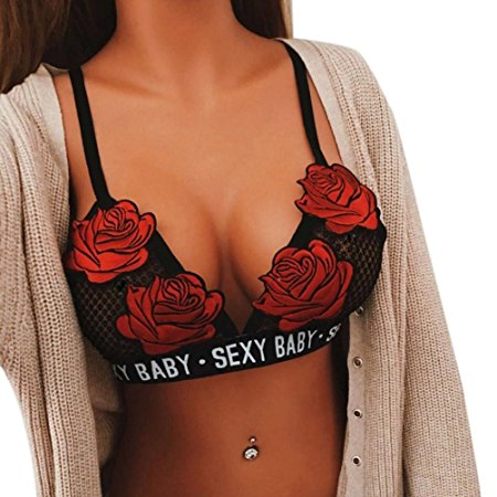 Women Lingerie,Napoo Rose Embroidered Appliques Floral Bralette Lace Bra Sexy Baby Print (M, Red)