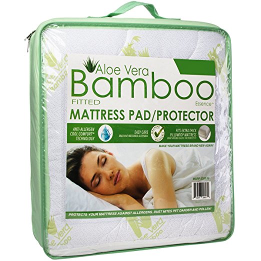 Cool Comfortable Hypoallergenic Aloe Vera Bamboo Essence Fitted Mattress Pad Protector with Deep Pockets, Full Size