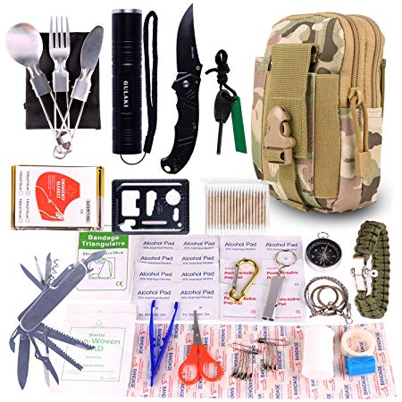 GULAKI Survival First Aid Kit, 15 in 1 Outdoor Emergency Kits Gear Medical Supplies Trauma Bag for Camping Boating Hunting Hiking Home Car Earthquake and Adventures