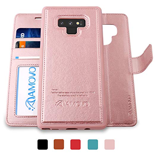 AMOVO Case for Galaxy Note 9 [2 in 1] Samsung Galaxy Note 9 Wallet Case [Detachable] [Wrist Strap] [Card Slot] [Kickstand] Note 9 Flip Case with Gift Box Package (Note 9, Rosegold)