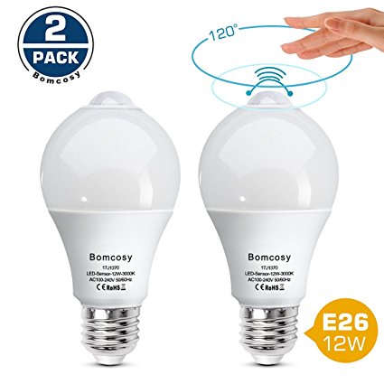 Bomcosy Motion Sensor Light Bulb 12W E26 Warm White 3000K PIR LED Bulbs 100W Equivalent Auto on/off for Hallway Porch Garage 2 Pack