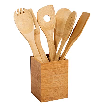 Kitchen Utensil Set with Holder Caddy Crock Rest Bamboo Nonstick Cooking Spoons Spatulas 6 Pieces Antimicrobial Healthy Kitchen Tools