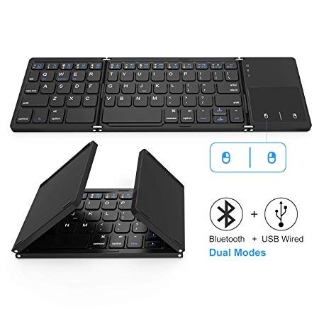 Foldable Bluetooth Keyboard, Jelly Comb Dual Mode Bluetooth & USB Wired Rechargable Portable Mini BT Wireless Keyboard with Touchpad Mouse for Android, Windows, PC, Tablet-Black and Silver