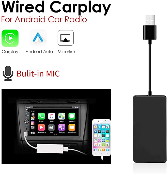 Wired USB carplay dongle Upgrade for aftermarket Android Version car headunit Support ios13 Split Screen,Google and waze map (Black)