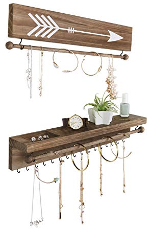 SoCal Buttercup Rustic Necklace and Jewelry Organizer - Hanging Wall Mount Display - Mounted Wooden Holder for Earrings, Necklaces, Bracelets, and Many Other Accessories (Two Piece, Rustic)