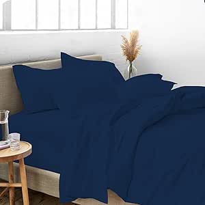 Queen Size 100% Egyptian Cotton 800 Thread Count 4 Piece Sheets Set - 18" Inch Deep Pocket, Smooth & Soft Sateen Weave, Premium Quality Hotel Bedding, Navy Blue Solid