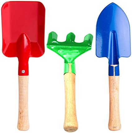Annymall Garden Tools 3-Piece Set, 8" Metal with Sturdy Wooden Handle Safe Gardening Tools Trowel, Rake & Shovel for Women, Men, Teens Beach Sandbox Toy