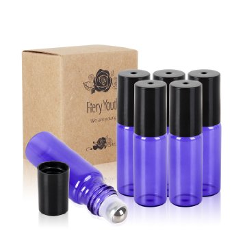 Fiery Youth Purple Glass Roller Bottles with ,Useful for Aromatherapy PerfumesAand Lip Balms, 6 Bottle Set,5ml，Essential Oils Glass Roll on Bottle