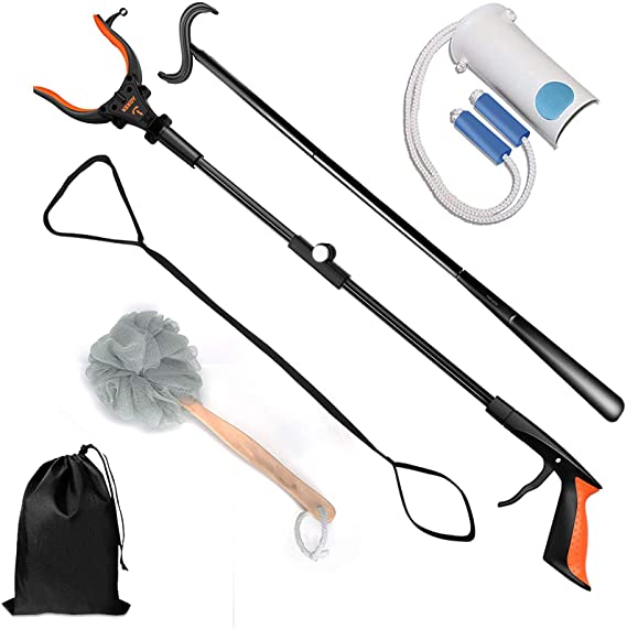 7 Pieces Hip Knee Back Replacement Recovery Kit with 32" Extendable Grabber Reacher Tool, Slick Sock Aid, Sturdy Long Shoe Horn & Dressing Stick, Leg Lifter, Bath Sponge, Storage Bag