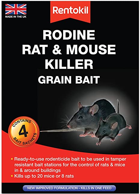 Rentokil PSMR12 Rodine Rat and Mouse Killer Grain Bait, 4x 25gm Sachets