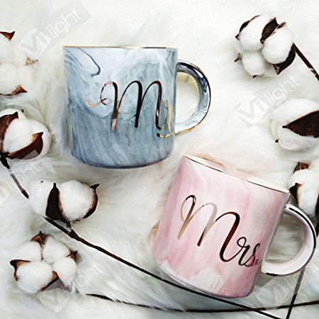 Vilight Mr Mrs Ceramic Coffee Mugs - Gift for Wedding Engagement Bridal Shower and Married Couples Anniversary 2018 - Marble Cups Set 11.5 oz