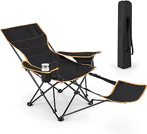 Goplus Reclining Camping Chair with Removable Footrest, 2-in-1 Folding Lounge Chair w/Adjustable Backrest Storage Bag & Cup Holder,Portable Recliner Cozy Lounge Chair for Picnic, Fishing (1)