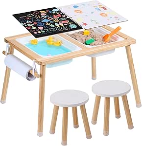 VEVOR Sensory Table and Chairs Set, Toddlers Activity Table with 2 Stools, 2 Storage Bins & Paper Roll Holder, Indoor/Outdoor Play Sand and Water Table, Wooden Kids Sensory Table - Gift for Boys Girls