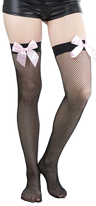 ToBeInStyle Women's Fishnet Thigh High With Satin Bow Stockings Tights Hosiery