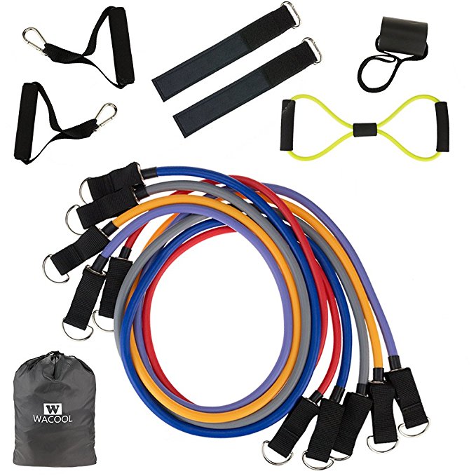 WACOOL Resistance Bands - 12 Piece Set Includes Exercise Tubes, Door Anchor, Foam Handles, Ankle Straps, Carry Bag - Weights Exercise, Fitness Workout, P90X - Stackable Up to 105 lbs