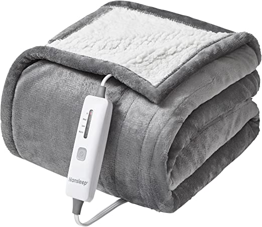 Hansleep Heated Blanket Electric Blanket Twin - Heating Blanket with 4 Heating Levels 10 Hours Auto Off, Super Cozy Machine Washable Sherpa Electric Throw Fast Heating, 62 x 84 Inches, Grey