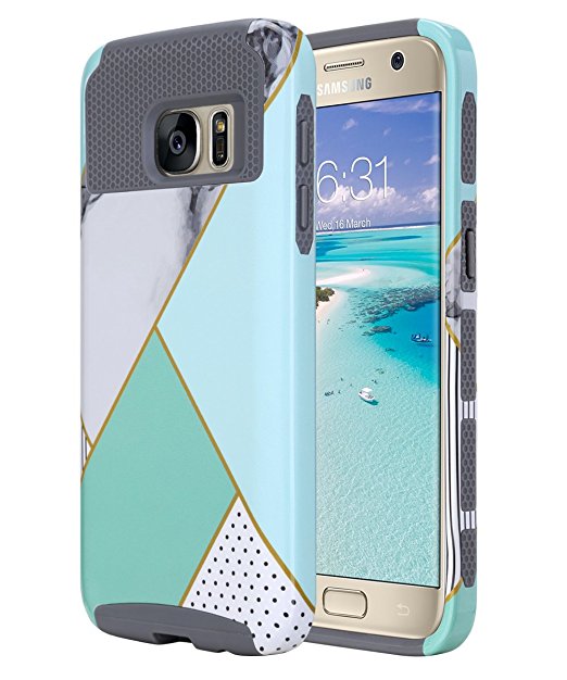 S7 Case, Galaxy S7 Case, ULAK Hybrid Case for Samsung Galaxy S7 2016 Release 2-Piece Dual Layer Style Hard Cover ( Mint Geometric Marble) Will not Fit S7 Edge