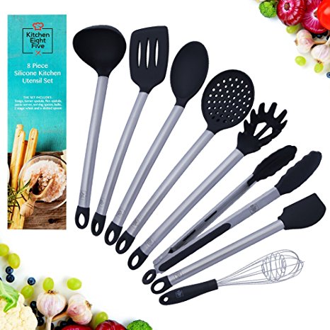 Kitchen Eight Five Set of 8 Kitchen Utensils- Nonstick, Heat Resistant Stainless Steel & Silicone Cooking Spatulas- Includes Tongs, Serving Spoon, Pasta Server, Ladle, Whisk, 2 Spatulas, & Strainer
