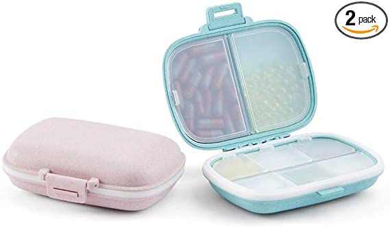 FOODAGE 2 Pack Daily Pill Organizer, 8 Compartments Moisture Proof Small Pill Box for Travel, Portable Pill Container for Vitamins Supplement and Fish Oils（Blue Pink）