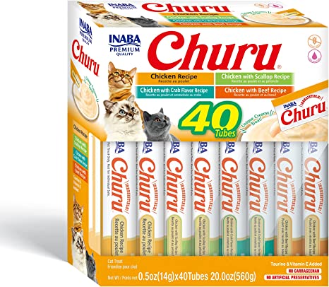 INABA Churu Cat Treats, Grain-Free, Lickable, Squeezable Creamy Purée Cat Treat/Topper with Vitamin E & Taurine, 0.5 Ounces Each Tube, 40 Tubes, Chicken Variety Box