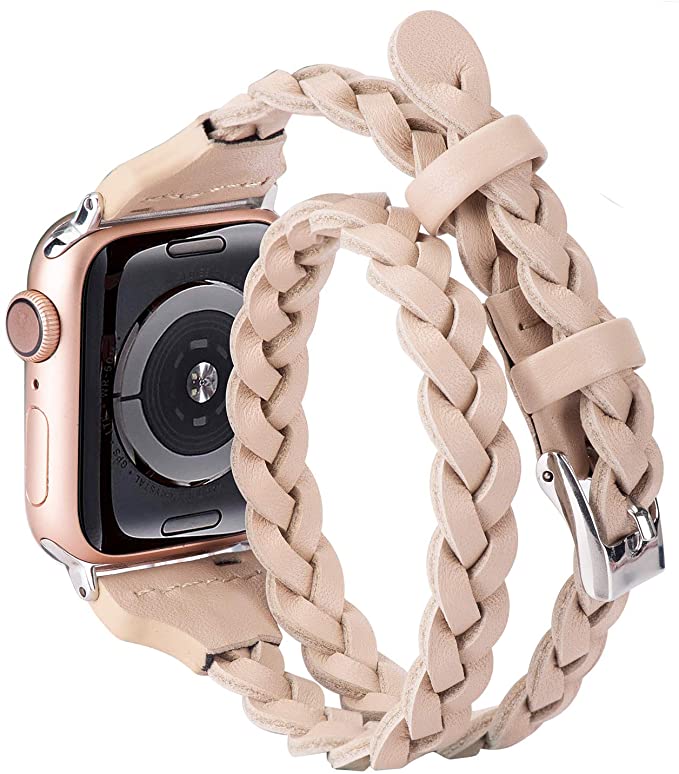 Moolia Double Leather Band Compatible with Apple Watch 38mm 40mm, Women Girls Woven Slim Leather Watch Strap Double Tour Bracelet Replacement for iWatch Series 5 4 3 2 1 (Beige, 38mm/40mm)