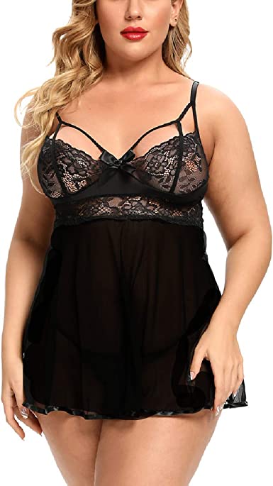 AdoreShe Plus Size Lingerie for Women Exposed Lace Trim Babydoll Chemise Nightie Sleepwear