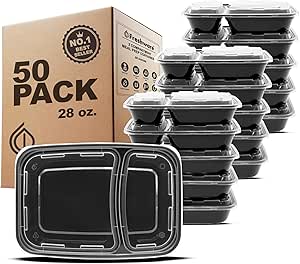 Freshware Meal Prep Containers [50 Pack] 2 Compartment with Lids, Food Storage Containers, Bento Box, BPA Free, Stackable, Microwave/Dishwasher/Freezer Safe (28 oz)