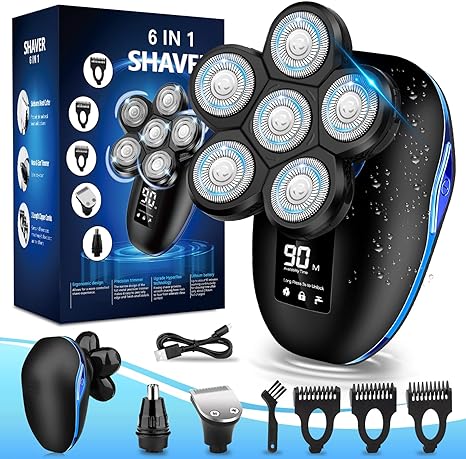 6D Electric Shaver for Bald Head,Head Shaver for Bald Men,Waterproof Wet/Dry Mens Grooming Kit Head Shavers Mens Electric Razor Cordless Rechargeable Face Head Shaving Rotary Shaver