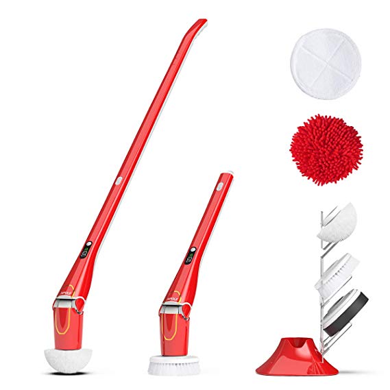 NPOLE Electric Spin Scrubber, LED Power Display Bathroom Cleaning Brush With5 Cleaning Scrubber Heads 1 Extension Arm and Storage Bracket Be Suitable Car，Tile,Carpet, Wall, Red