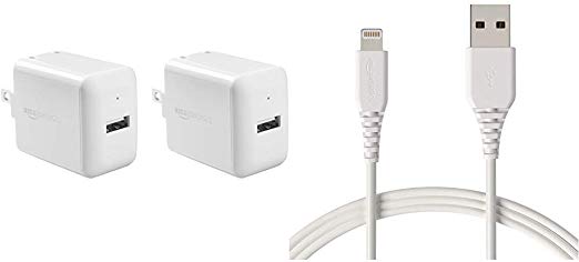 AmazonBasics One-Port USB Wall Charger for Phone, iPad, and Tablet, 2.4 Amp, White, 2 Pack Bundle with AmazonBasics Lightning to USB A Cable, MFi Certified iPhone Charger, White, 6 Foot