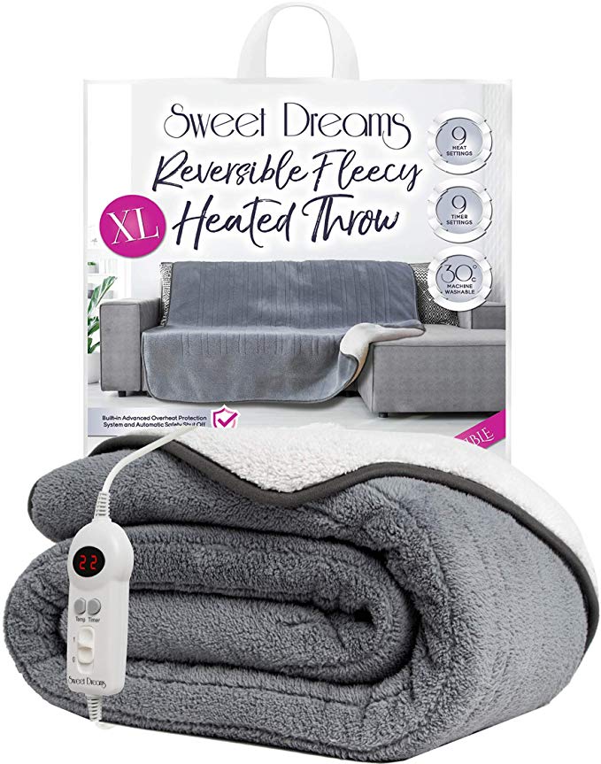Sweet Dreams XL Grey Electric Heated Throw Over Blanket for Sofa/Bed - Super Soft Luxurious Plush Fleece - 9 Heat Settings & 9 Timer Settings - (Dark Grey/Light Grey) 200 x 130cm