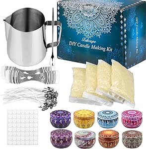 Candle Making Kit Supplies, Beeswax DIY Candle Craft Tools Including with 1 Candle Make Pouring Pot, 50 Candle Wicks, 56 Wicks Sticker, 4 Pack Beeswax, 8 Candle Tins