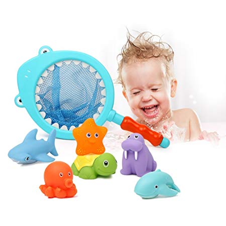 Colorful Bath Water Toys for Toddlers & Boys & Girls - Beiens Floating Animals Squirters Toys/ Fishing Set with Spoon-net, Baby Bathroom Pool Accessory (7-Pack)