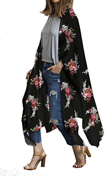 casuress Women's Sheer Chiffon Blouse Tops Kimono Cardigan Floral Loose Cover Ups Outwear Plus Size