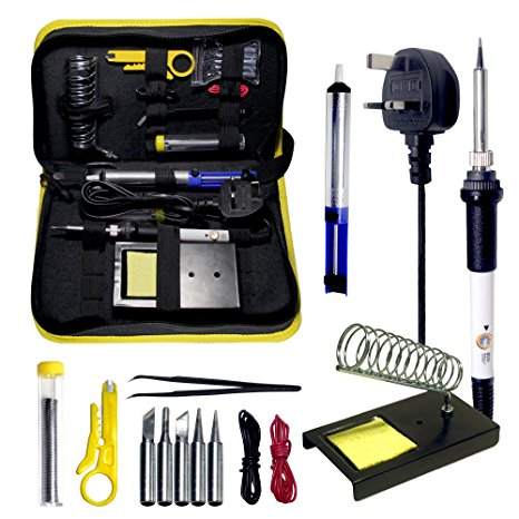 Magneto's Superb 14 Pieces Set Soldering Iron Kit 60w - 220v -Adjustable Temperature -Welding Soldering Iron Electric Soldering Iron Gun With 5 Various Tips, Solder Wire, Tweezers, Desoldering Pump, Wire Stripper Cutter, 2PCS Electric Wire, Iron Holder. Bonus E-BOOK Included.