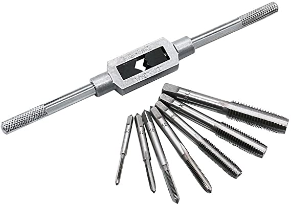 Lowmany 8pcs 3F Thread Metric Machine Hand Screw Thread Plug Taps Set M3 M4 M5 M6 M8 M10 M12 with Adjustable Tap Wrench 1/16-1/2''(Adjustable Tap Wrench)