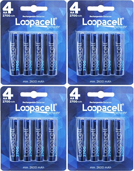 Loopacell 16 Pack AA 2700mAh Ni-MH Rechargeable Batteries with Battery Storage