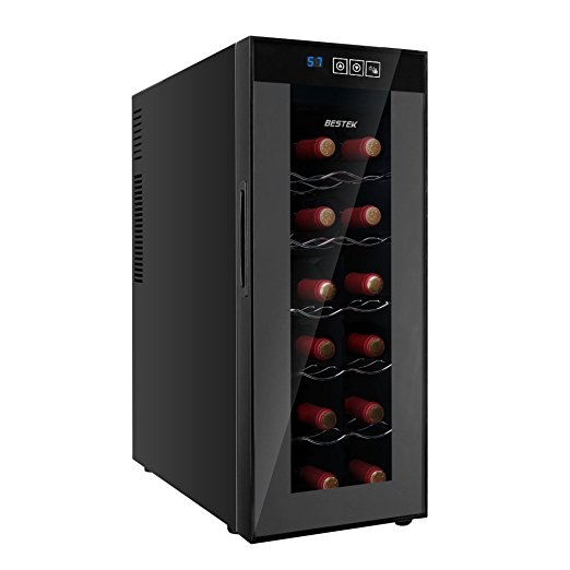 BESTEK 12 Bottle Thermoelectric Red & White Wine Cooler/Chiller, Counter Top Wine Cellar w/Sculpted Chrome Shelves, Double-Layer Tempered Glass Door, Quiet Operation Fridge (ETL Listed)